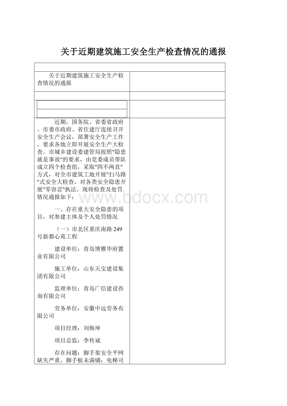 关于近期建筑施工安全生产检查情况的通报.docx_第1页