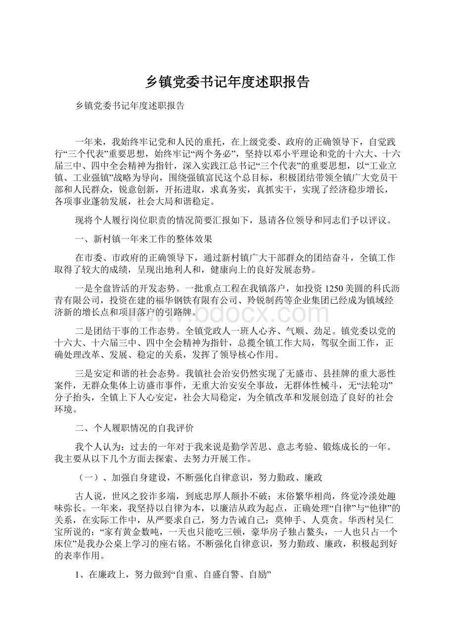 乡镇党委书记年度述职报告Word文档下载推荐.docx