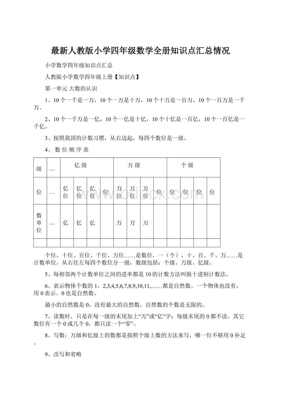 最新人教版小学四年级数学全册知识点汇总情况.docx