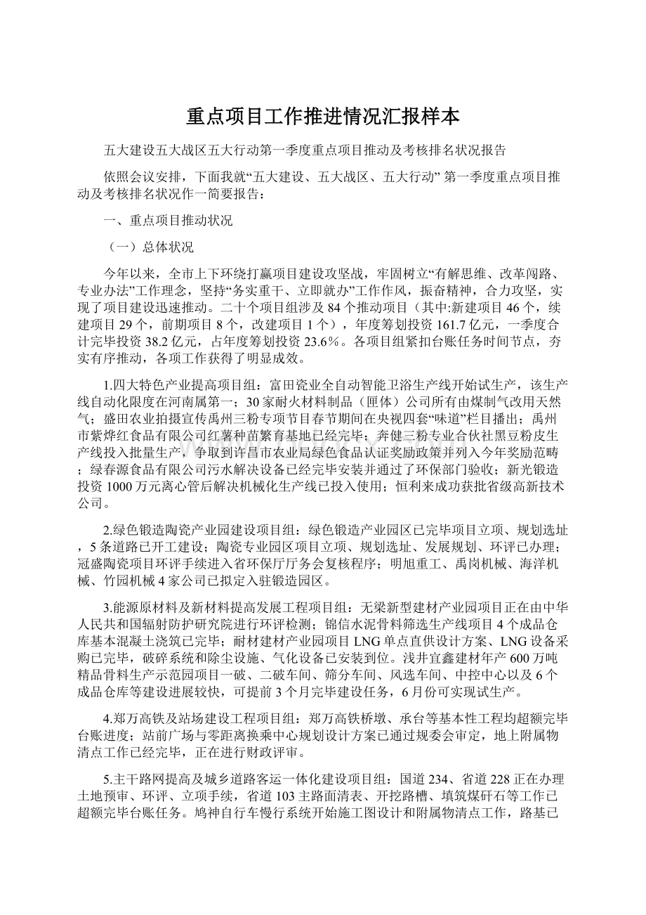 重点项目工作推进情况汇报样本.docx_第1页