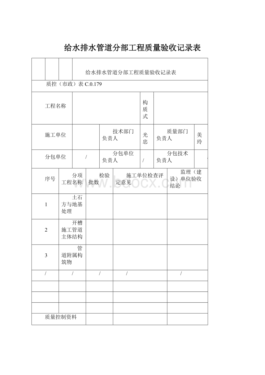 给水排水管道分部工程质量验收记录表.docx