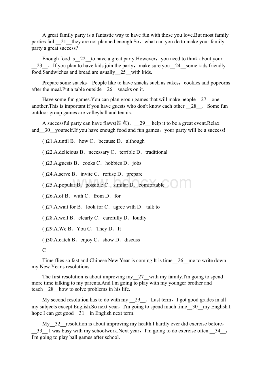 人教版八年级上册英语专项练习完形填空精选试题 带答案.docx_第2页