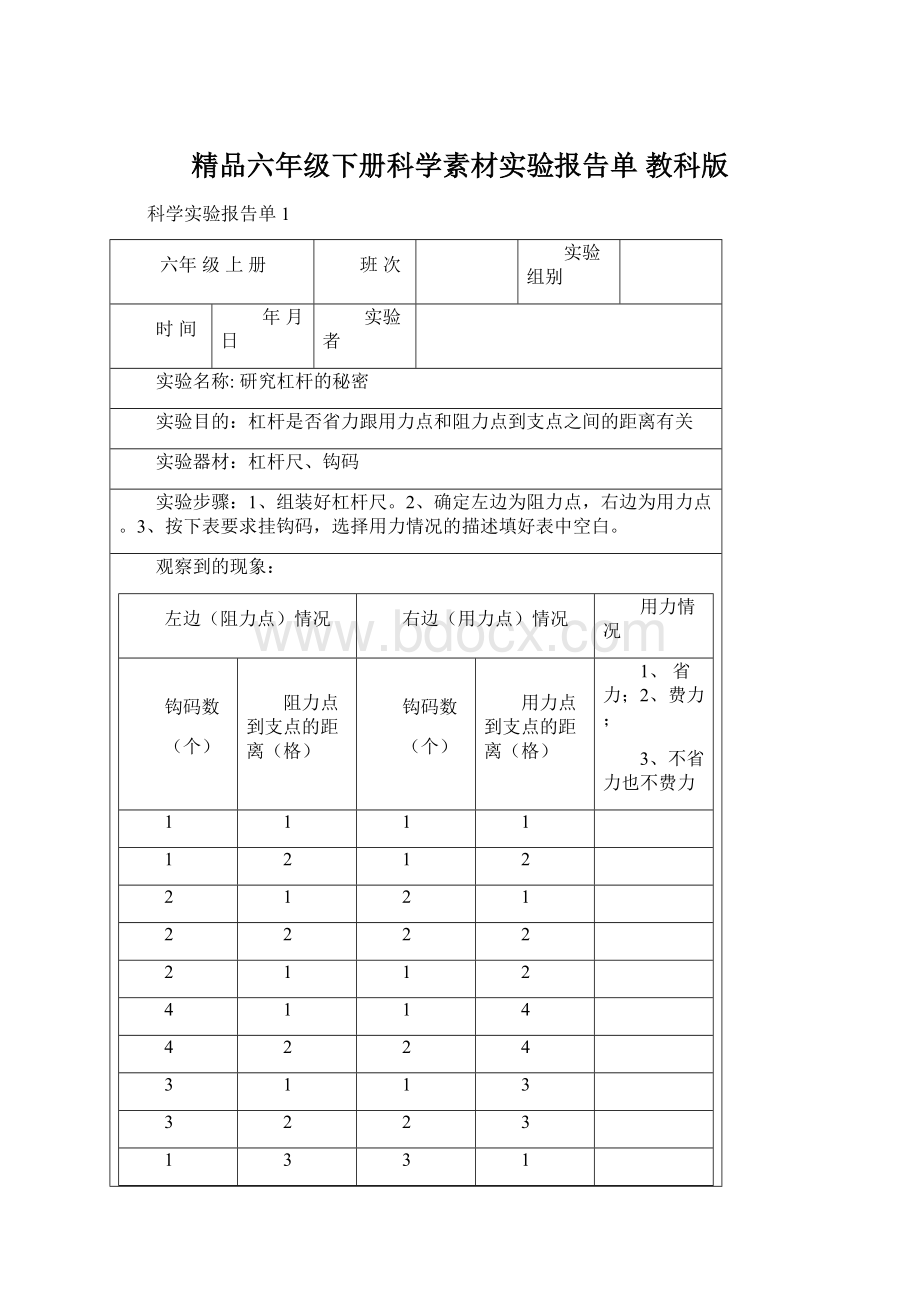 精品六年级下册科学素材实验报告单教科版Word文档格式.docx_第1页