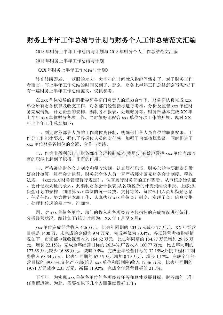 财务上半年工作总结与计划与财务个人工作总结范文汇编.docx