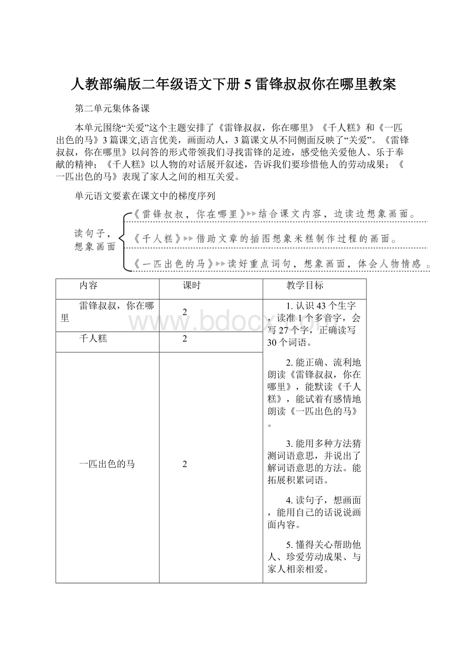 人教部编版二年级语文下册5 雷锋叔叔你在哪里教案Word格式.docx