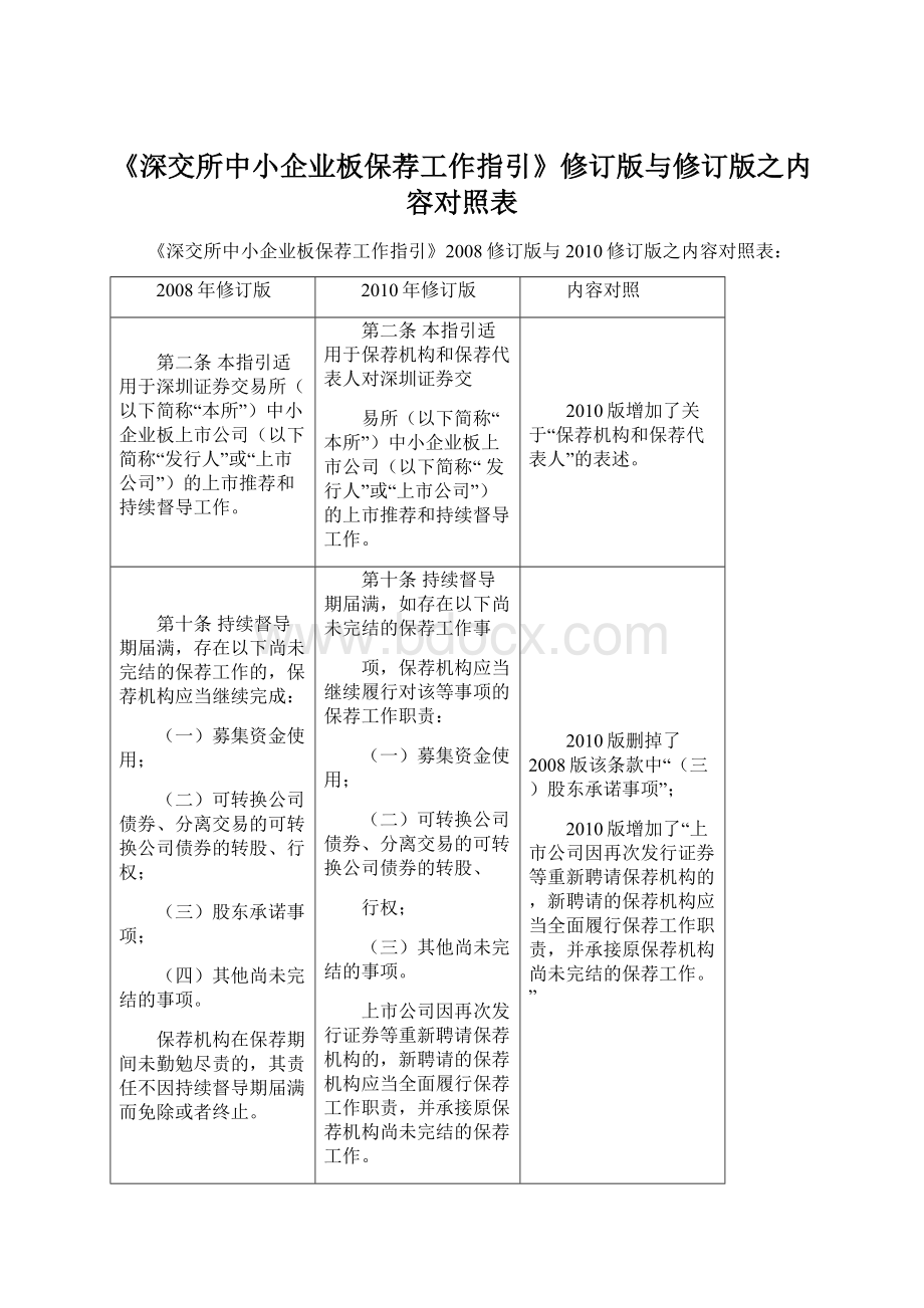 《深交所中小企业板保荐工作指引》修订版与修订版之内容对照表Word格式.docx_第1页