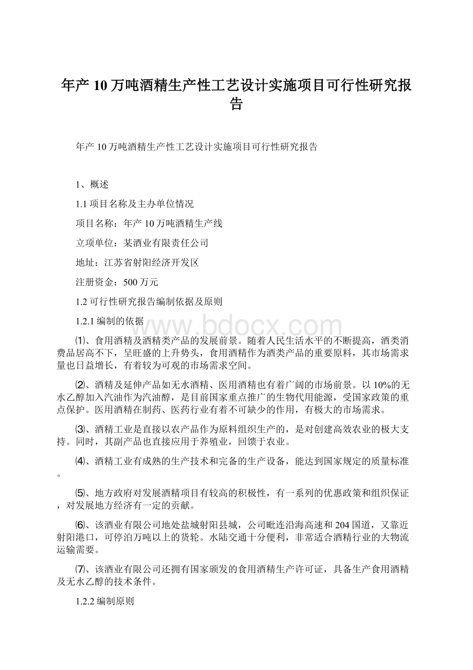 年产10万吨酒精生产性工艺设计实施项目可行性研究报告Word文档格式.docx_第1页