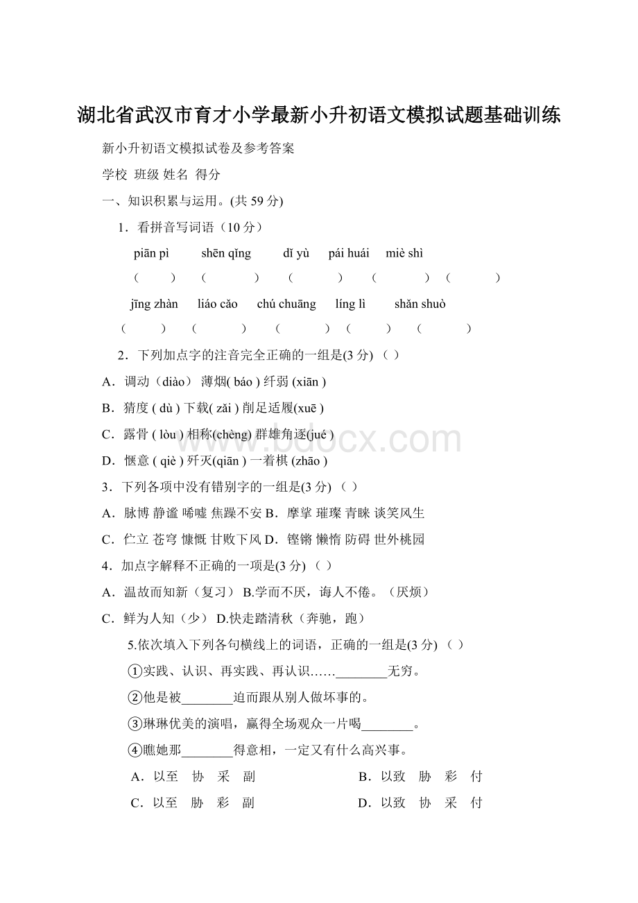 湖北省武汉市育才小学最新小升初语文模拟试题基础训练.docx