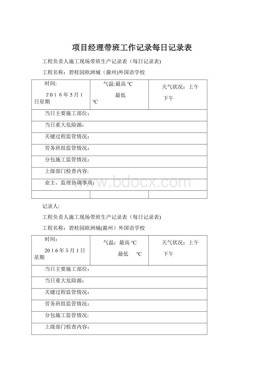 项目经理带班工作记录每日记录表.docx_第1页