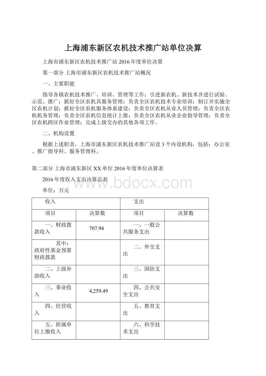上海浦东新区农机技术推广站单位决算Word格式文档下载.docx