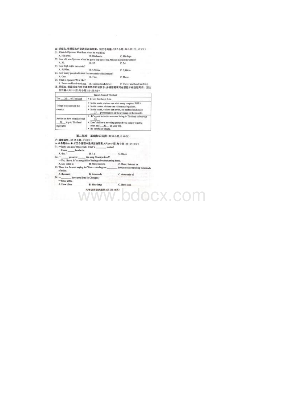 四川省成都市龙泉驿区学年八年级下学期期末学业质量监测英语试题图片版无答案.docx_第2页