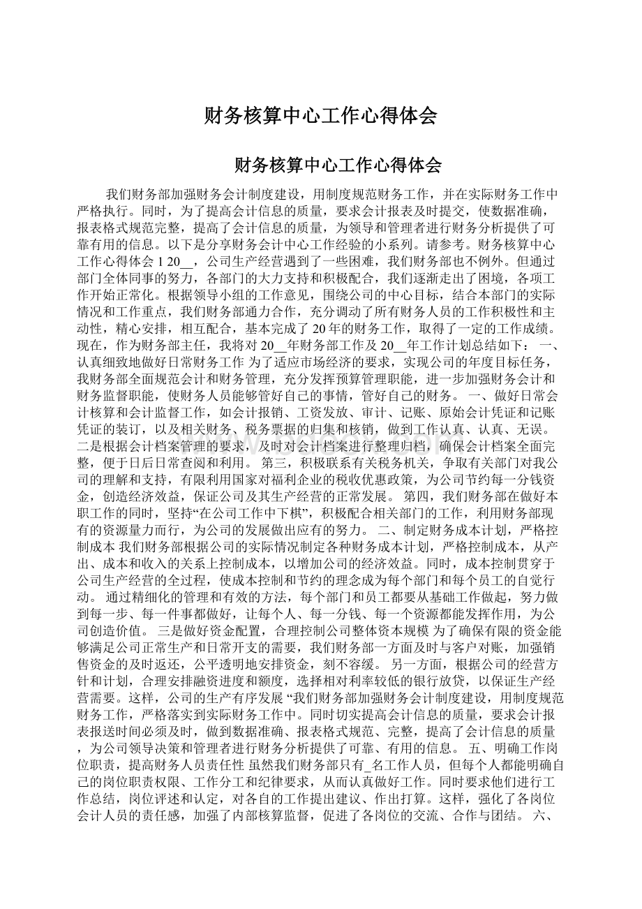 财务核算中心工作心得体会文档格式.docx