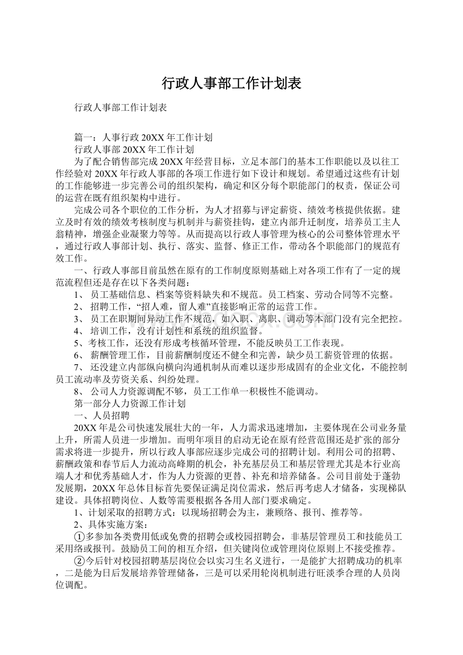 行政人事部工作计划表Word格式文档下载.docx