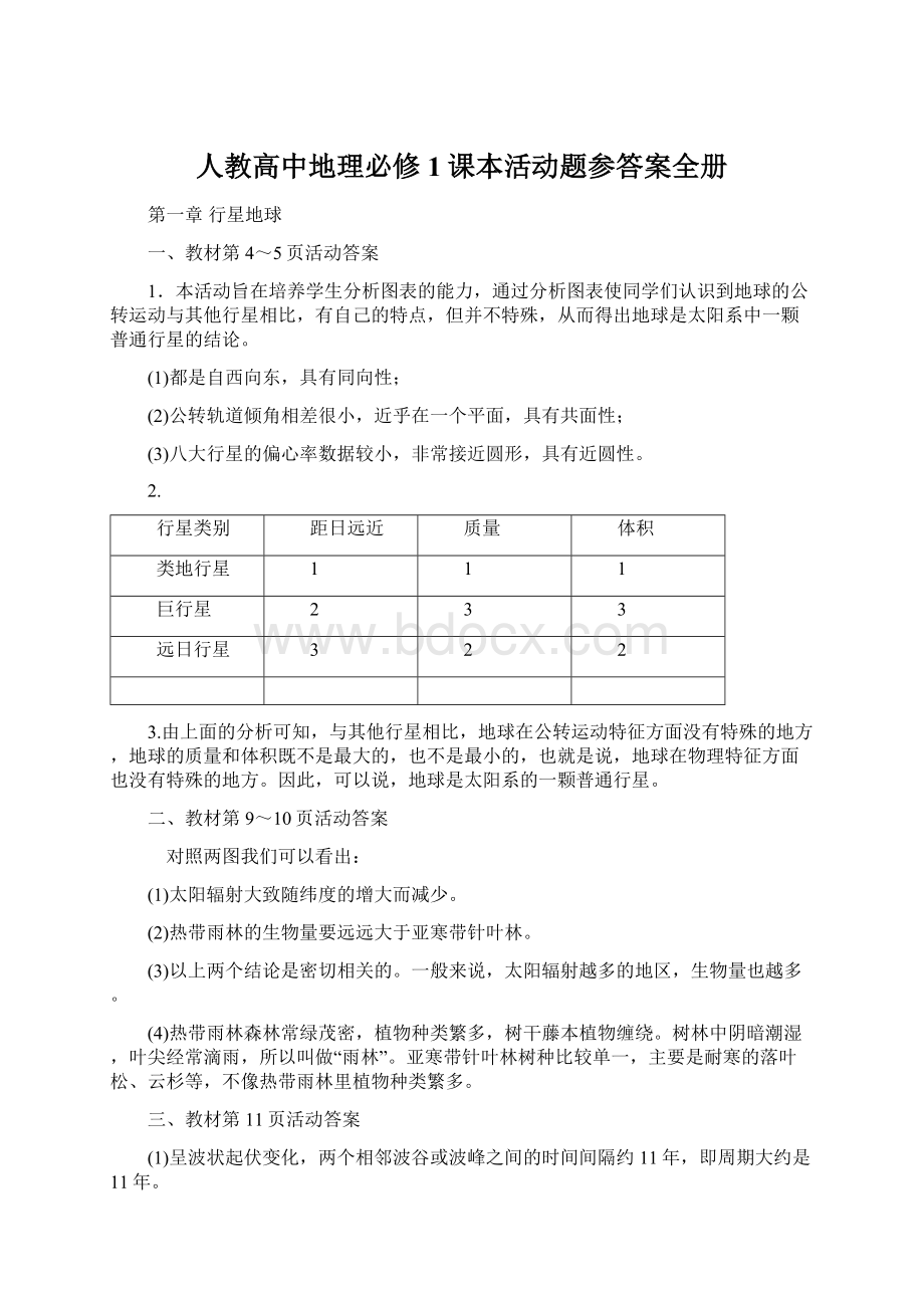 人教高中地理必修1课本活动题参答案全册Word下载.docx