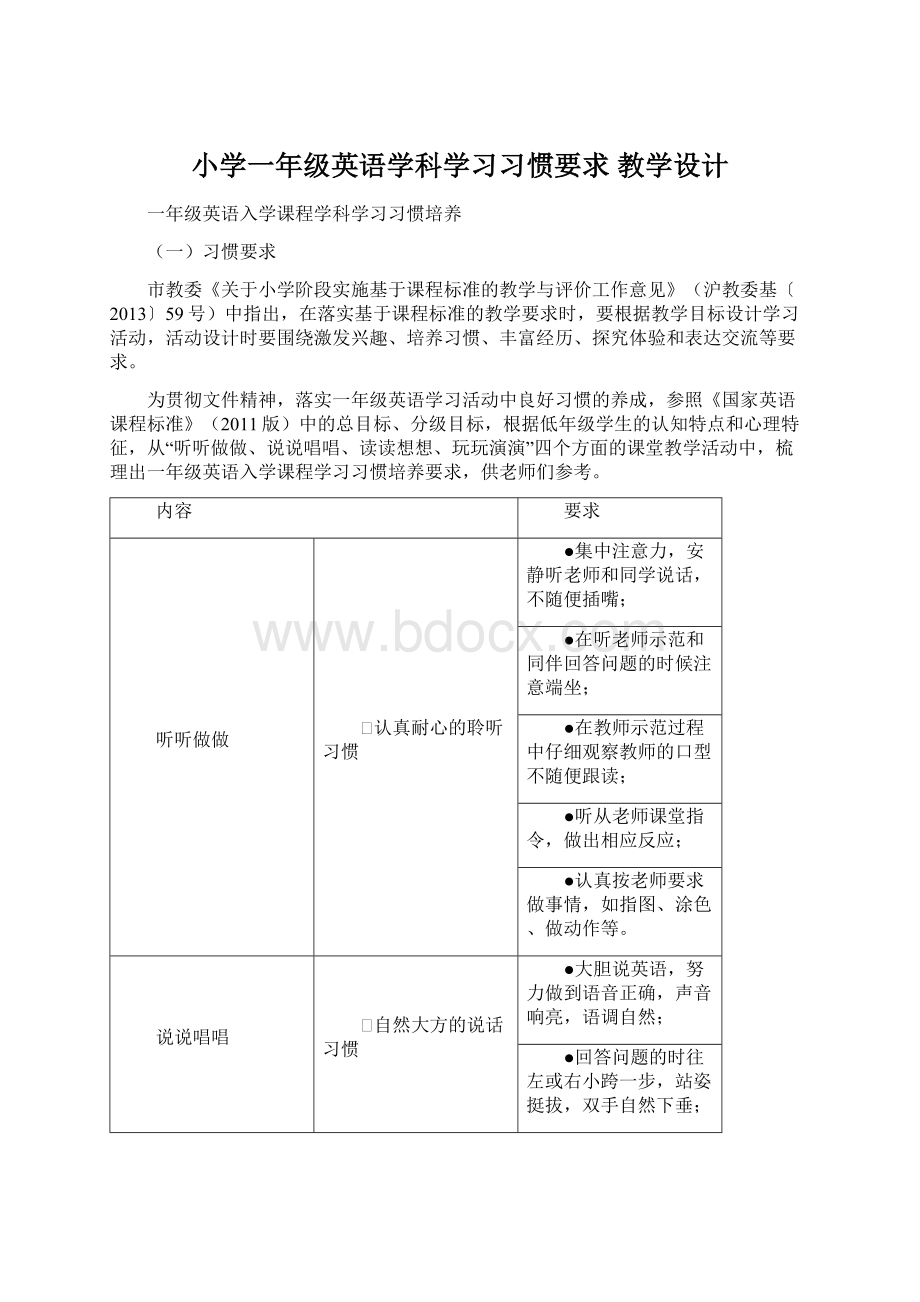 小学一年级英语学科学习习惯要求 教学设计Word文件下载.docx