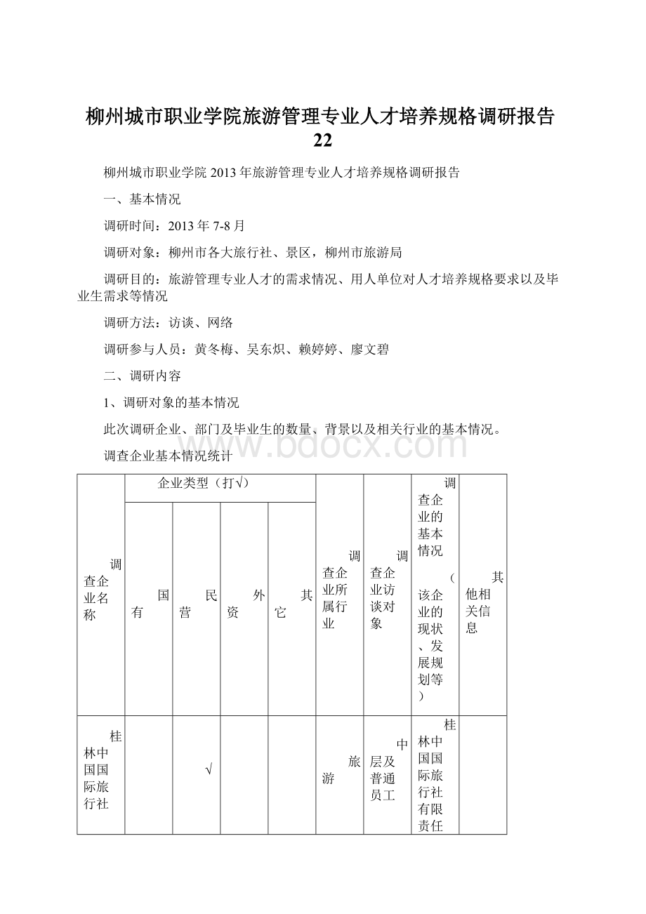 柳州城市职业学院旅游管理专业人才培养规格调研报告22.docx_第1页