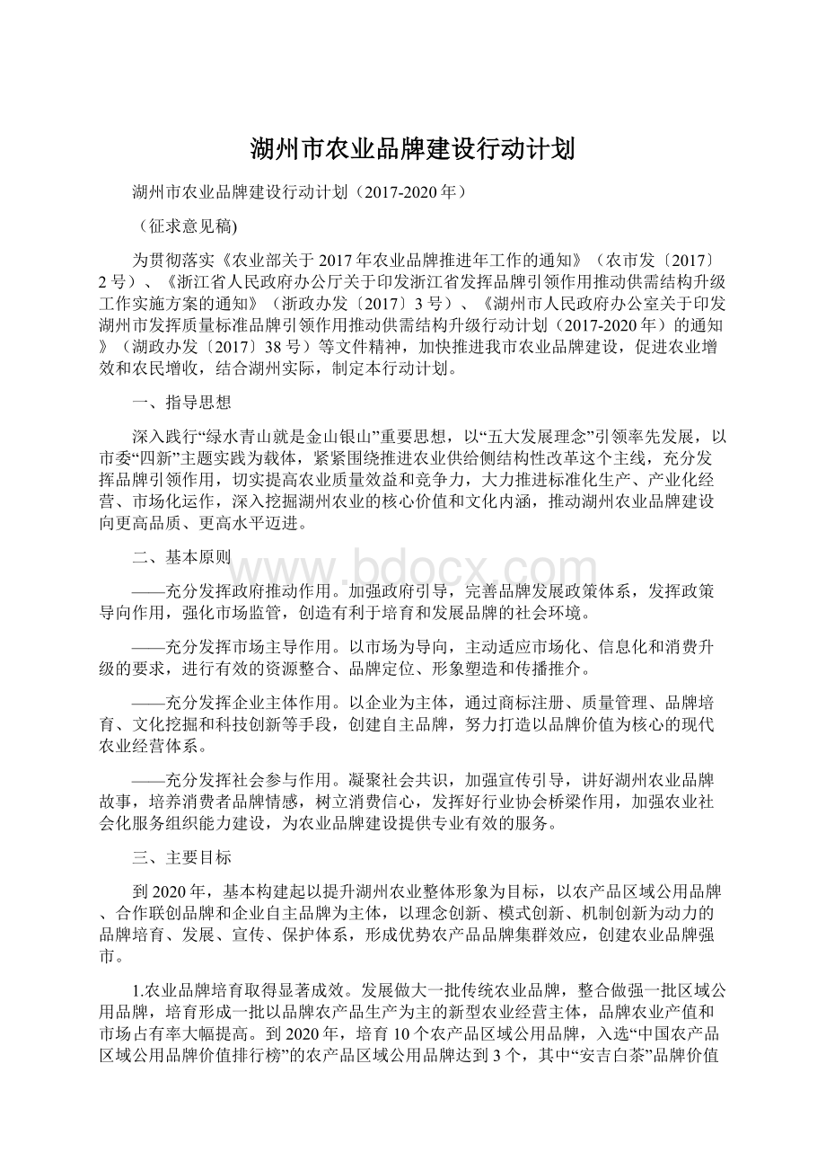 湖州市农业品牌建设行动计划Word文档格式.docx