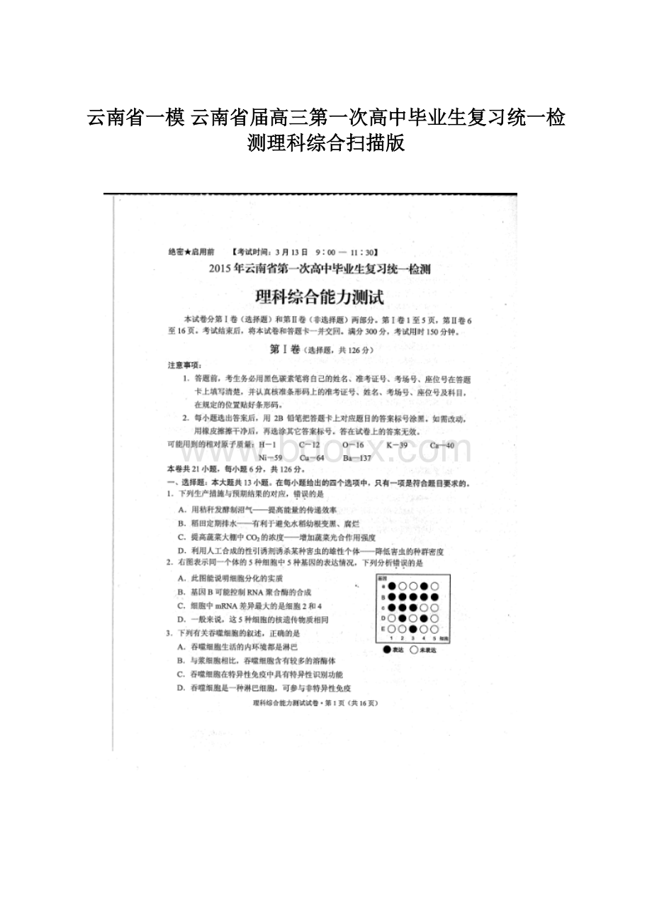 云南省一模 云南省届高三第一次高中毕业生复习统一检测理科综合扫描版Word文档下载推荐.docx