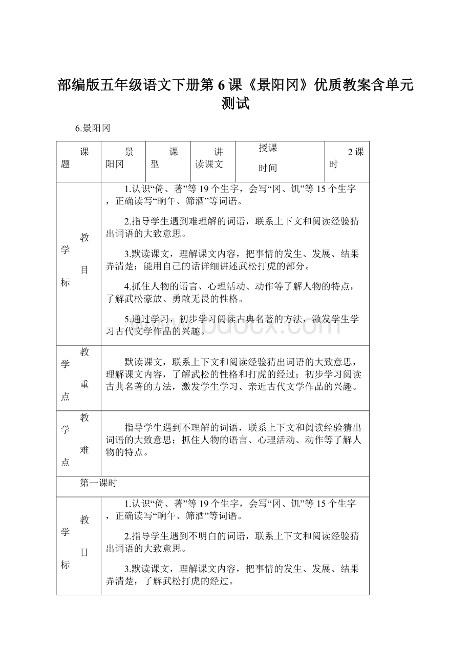 部编版五年级语文下册第6课《景阳冈》优质教案含单元测试Word文档下载推荐.docx_第1页