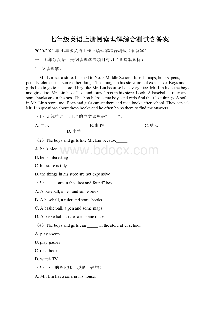 七年级英语上册阅读理解综合测试含答案Word格式文档下载.docx_第1页