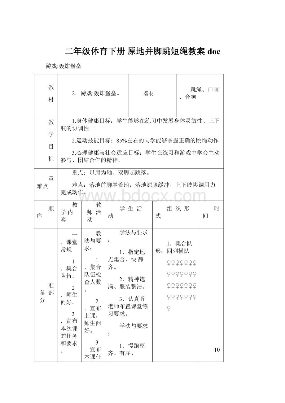 二年级体育下册 原地并脚跳短绳教案doc.docx