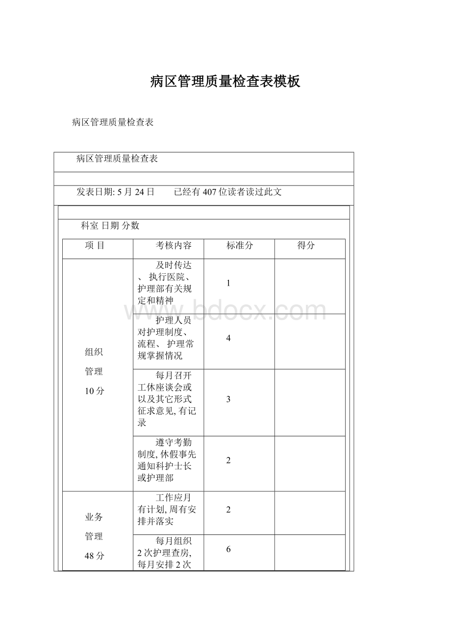 病区管理质量检查表模板Word文档下载推荐.docx