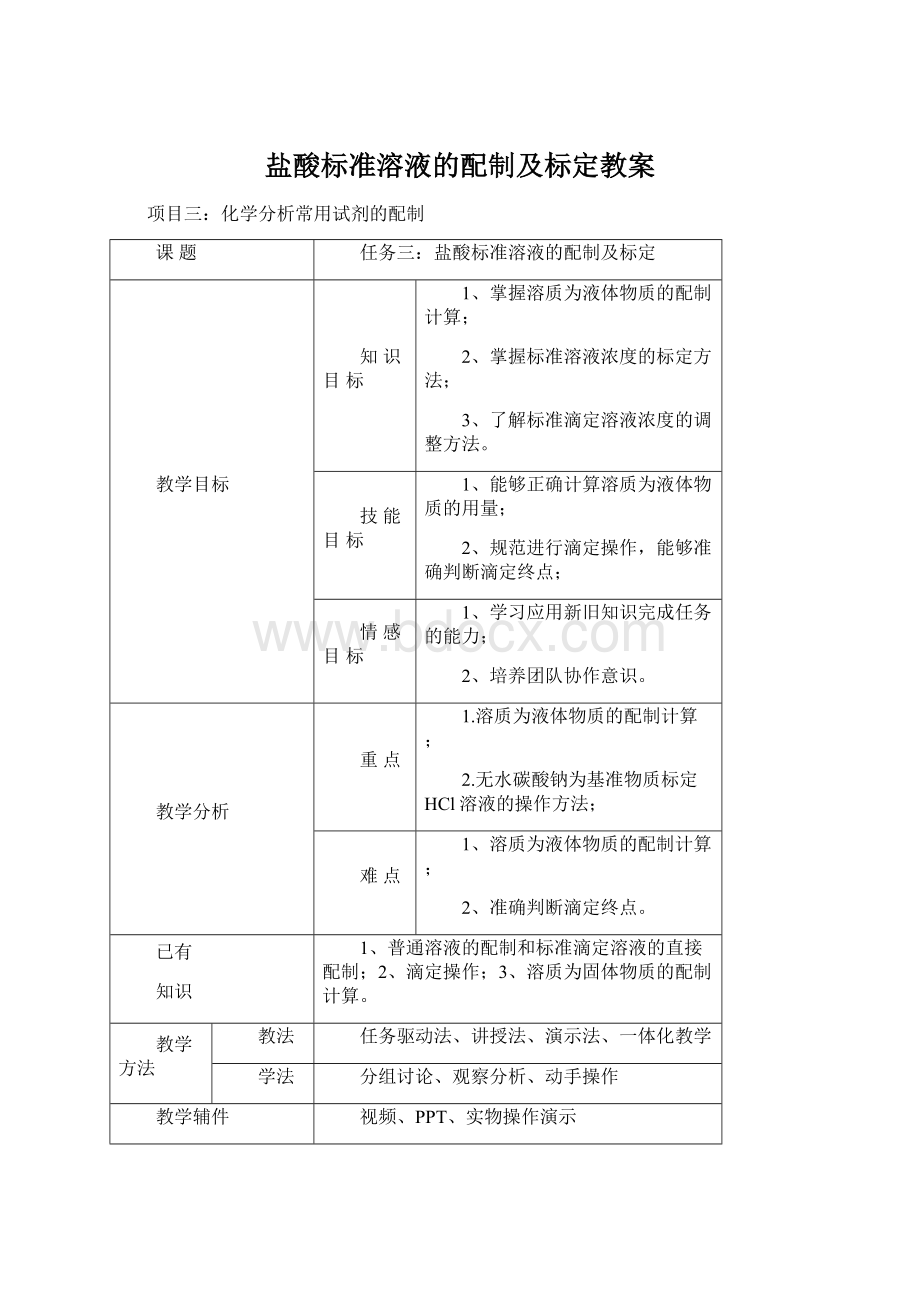 盐酸标准溶液的配制及标定教案.docx