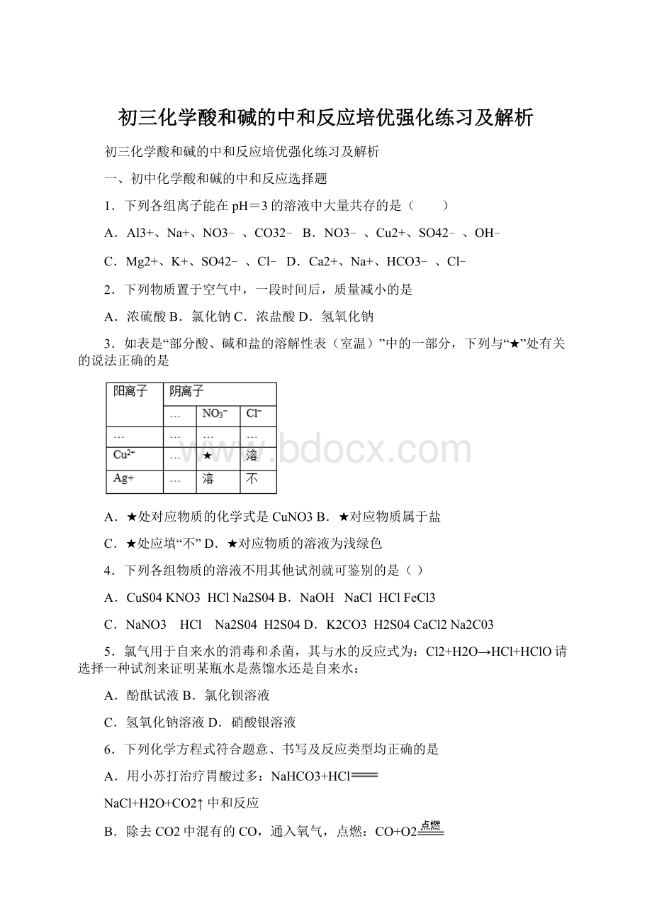 初三化学酸和碱的中和反应培优强化练习及解析.docx_第1页