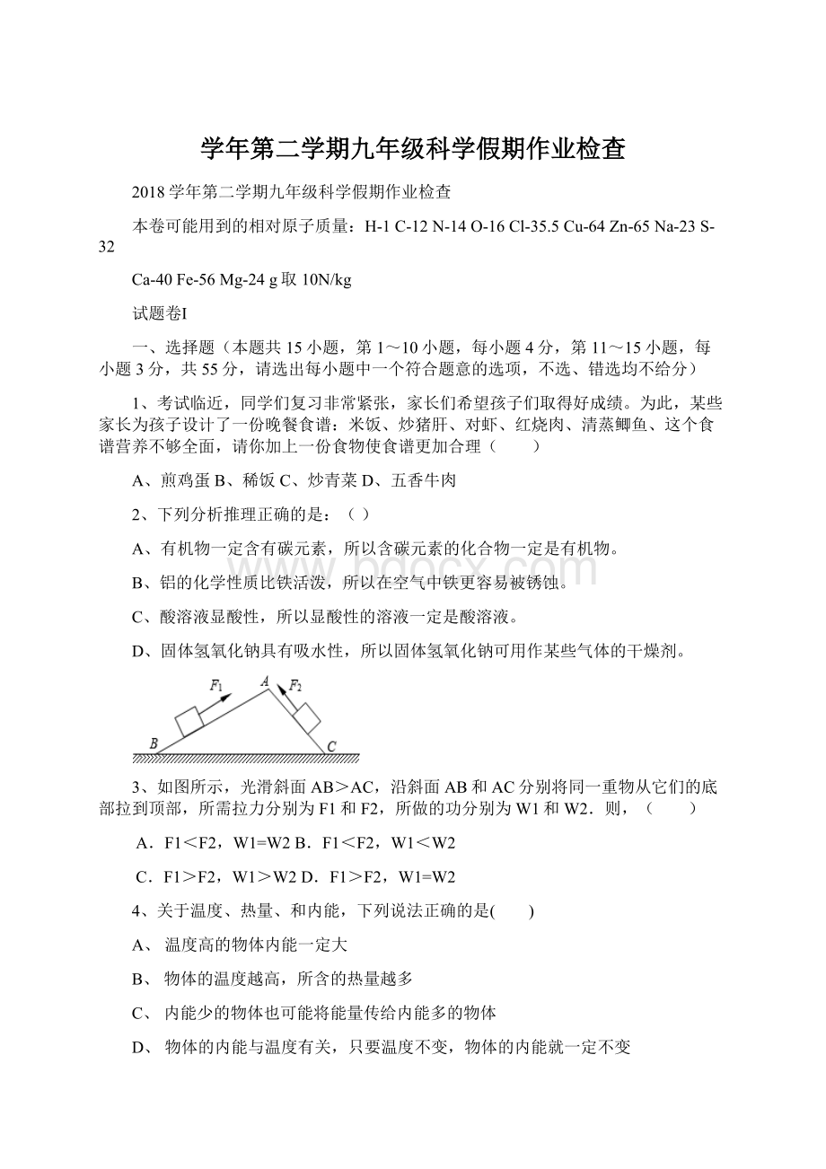 学年第二学期九年级科学假期作业检查.docx_第1页