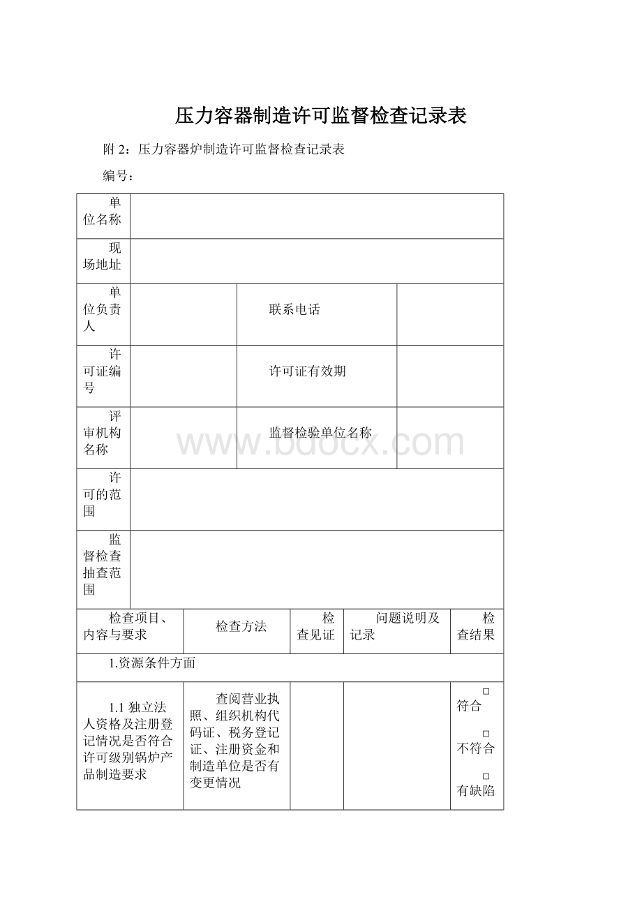 压力容器制造许可监督检查记录表.docx_第1页