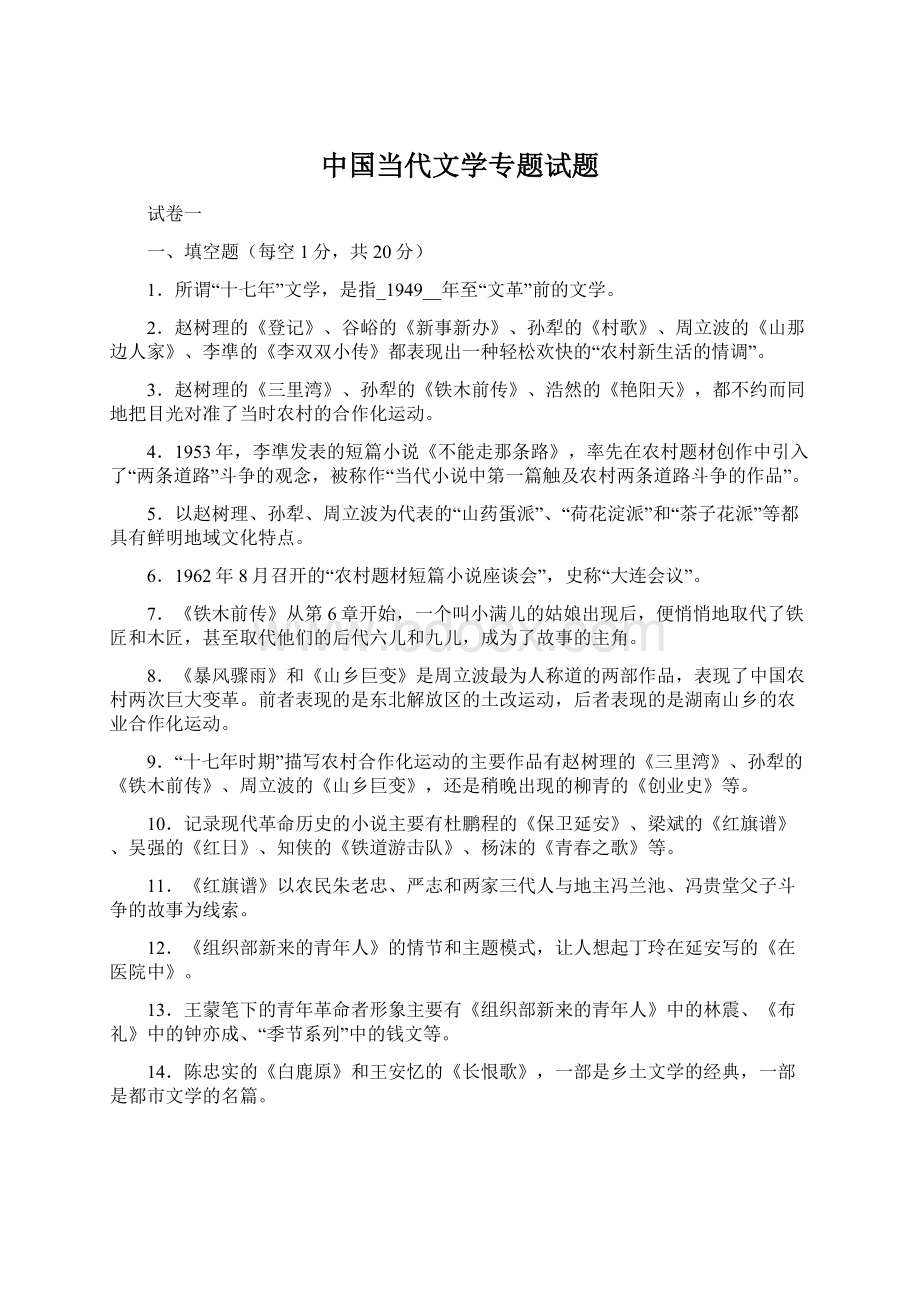 中国当代文学专题试题.docx_第1页