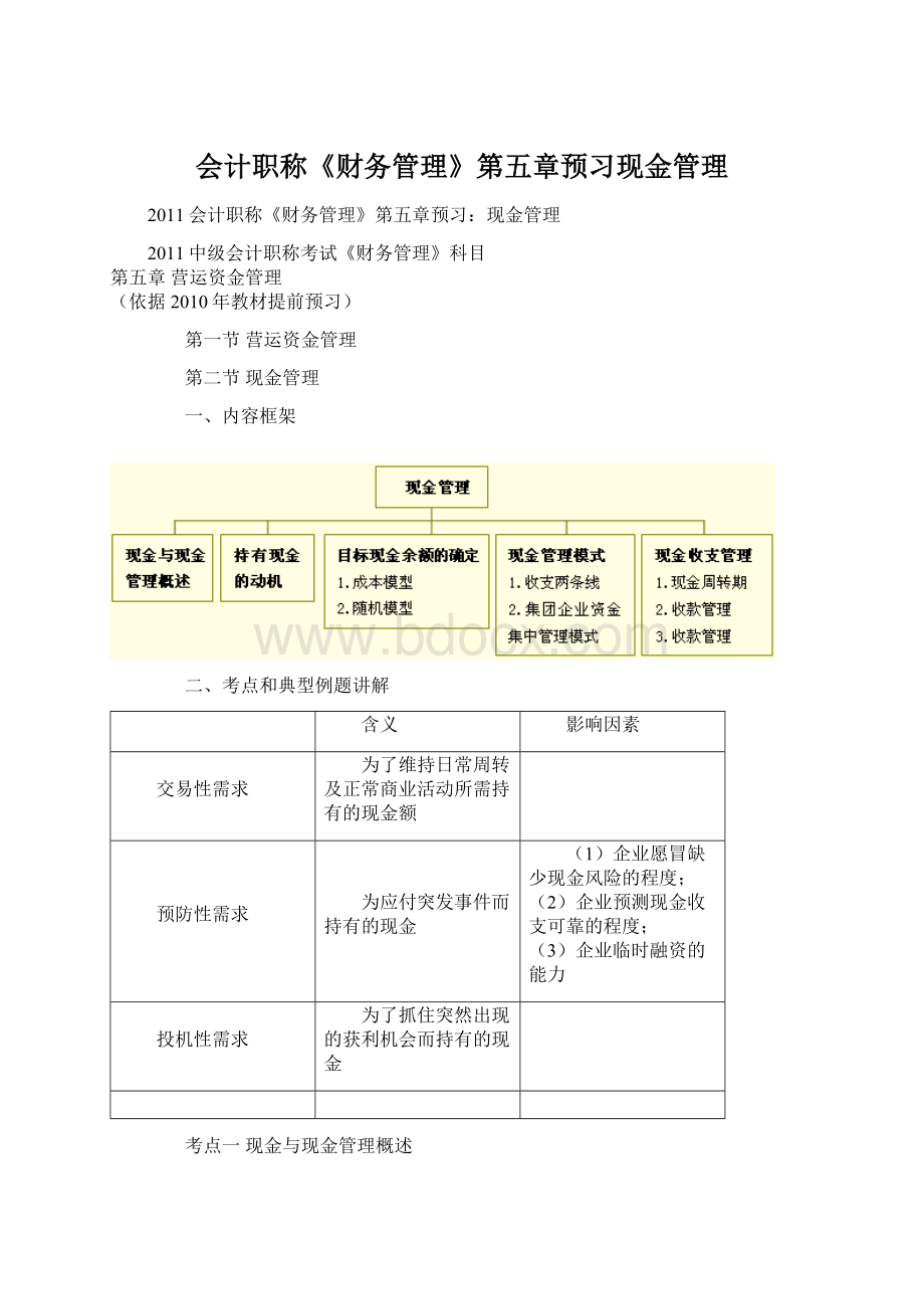 会计职称《财务管理》第五章预习现金管理Word文档下载推荐.docx_第1页