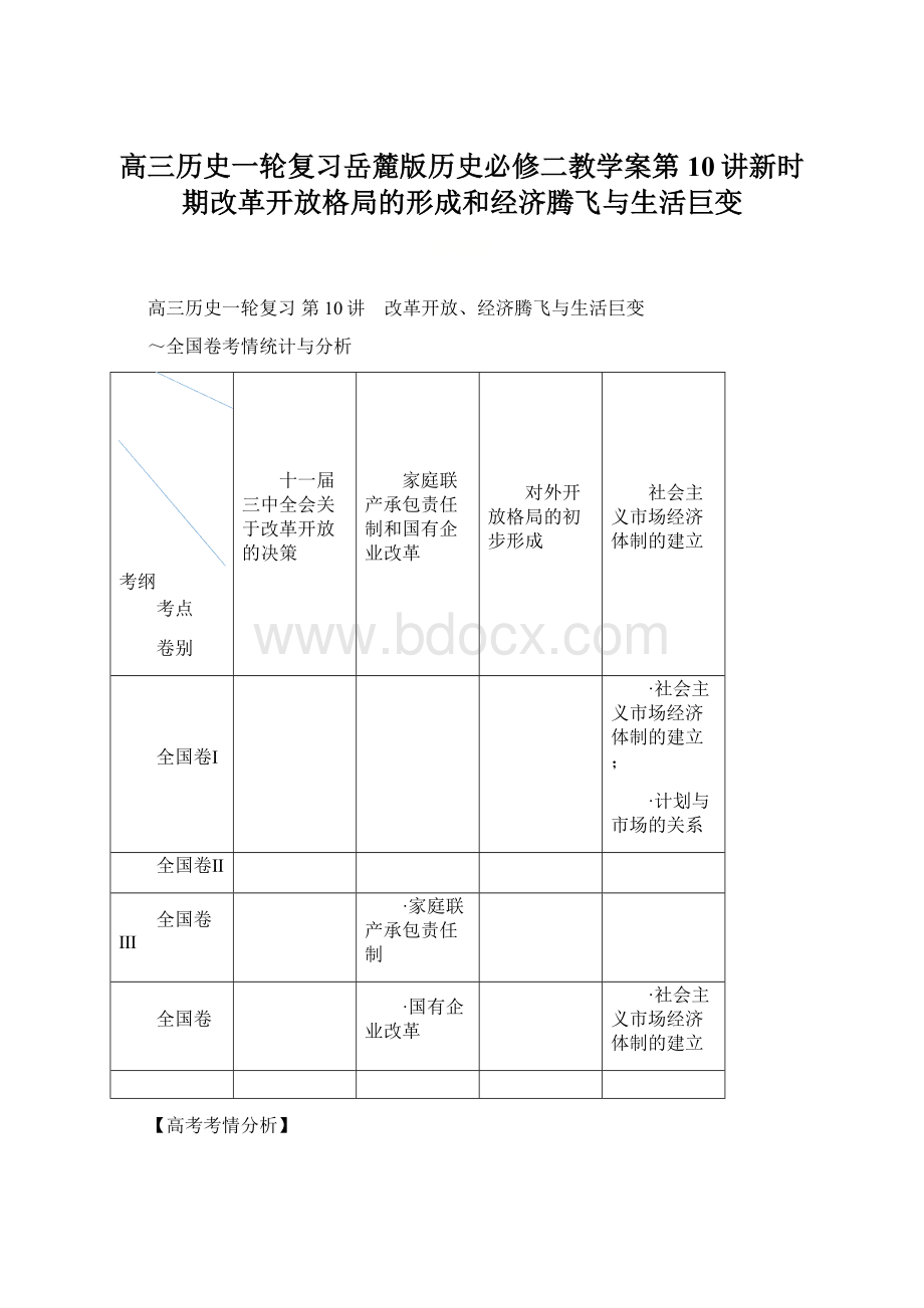 高三历史一轮复习岳麓版历史必修二教学案第10讲新时期改革开放格局的形成和经济腾飞与生活巨变.docx_第1页