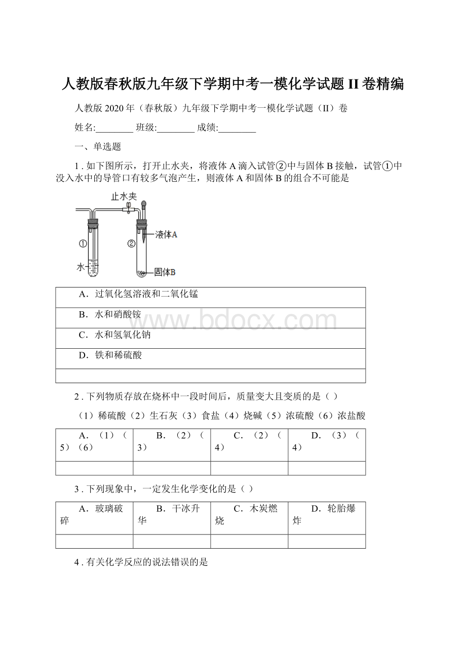 人教版春秋版九年级下学期中考一模化学试题II卷精编.docx_第1页