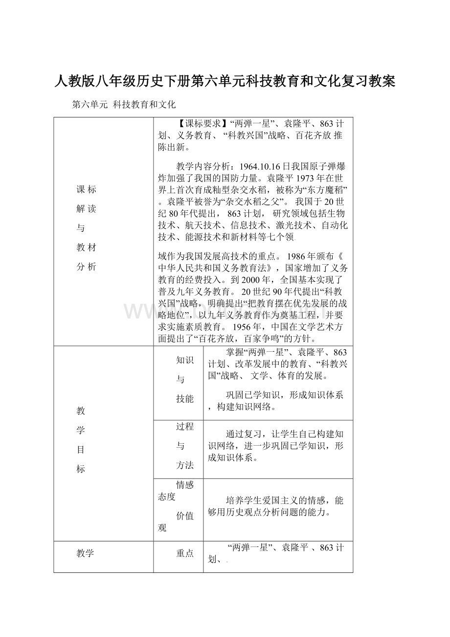 人教版八年级历史下册第六单元科技教育和文化复习教案.docx