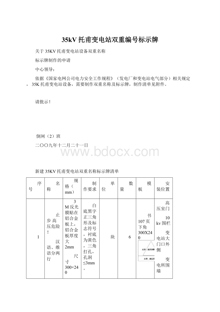 35kV托甫变电站双重编号标示牌.docx