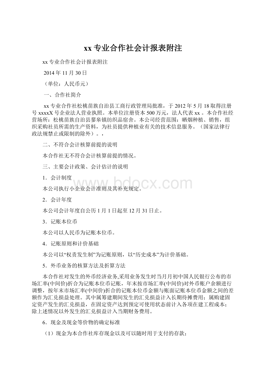 xx专业合作社会计报表附注Word下载.docx