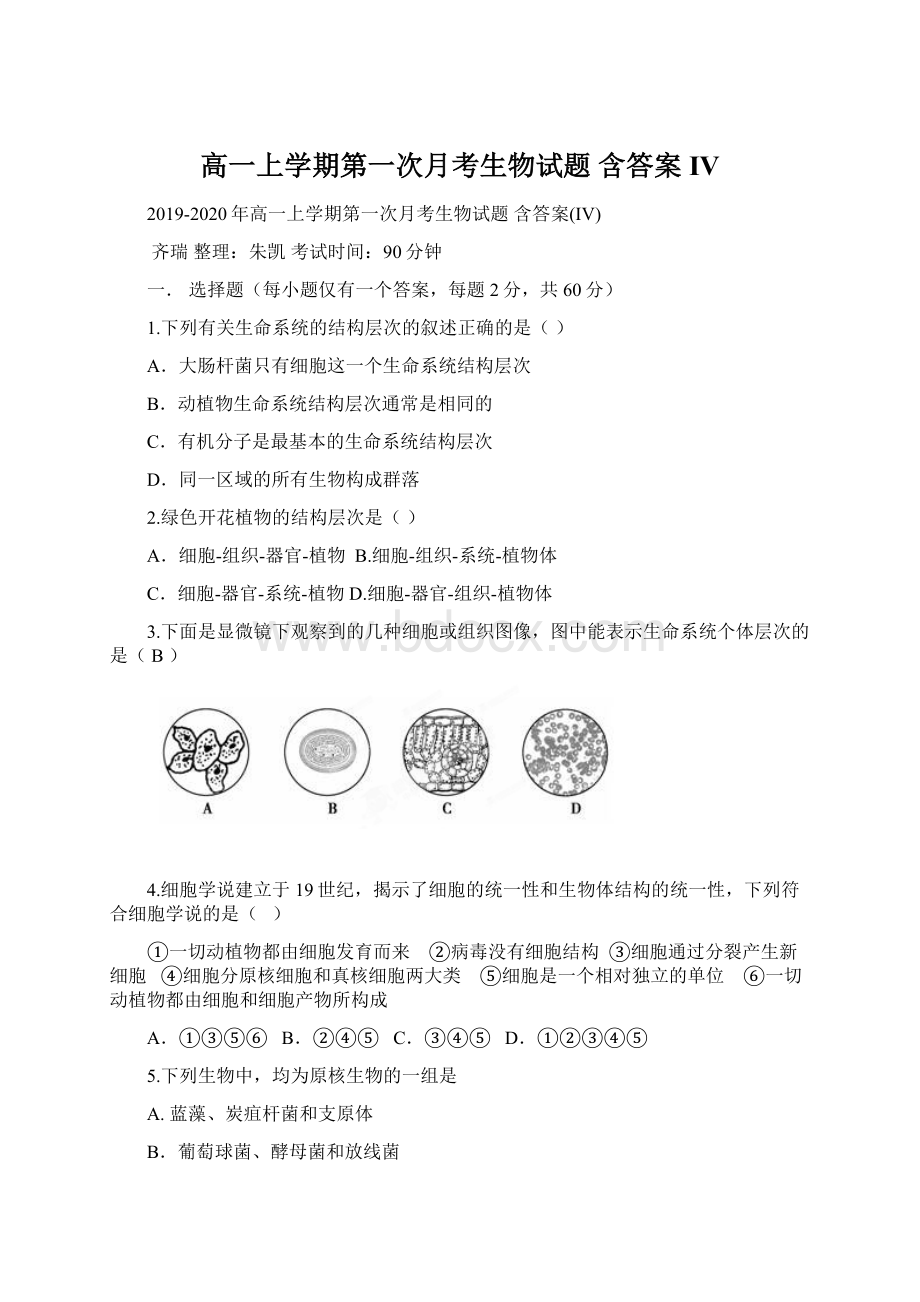 高一上学期第一次月考生物试题 含答案IVWord下载.docx