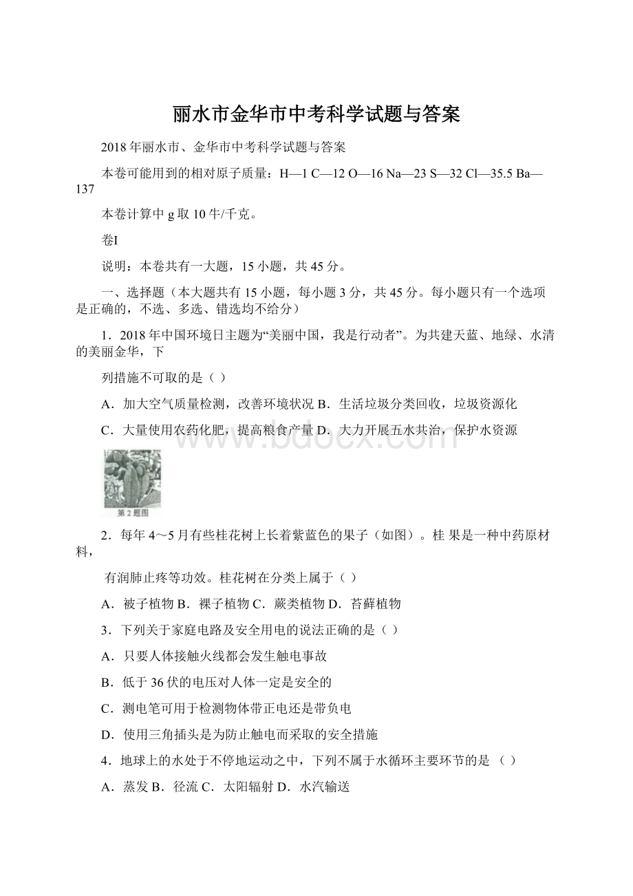 丽水市金华市中考科学试题与答案Word格式.docx