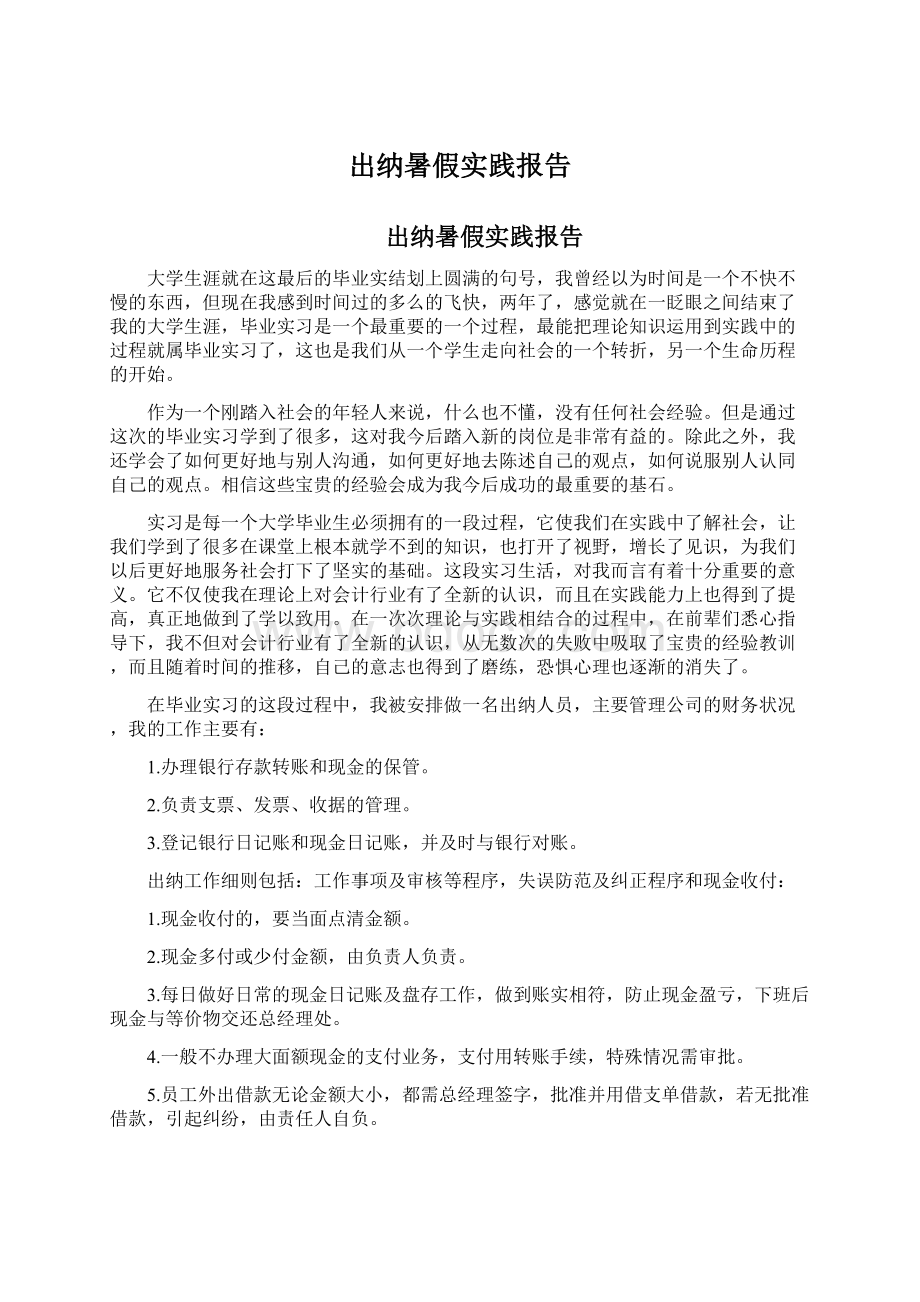 出纳暑假实践报告Word格式文档下载.docx