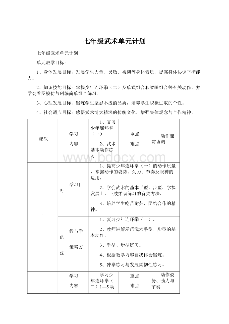 七年级武术单元计划.docx