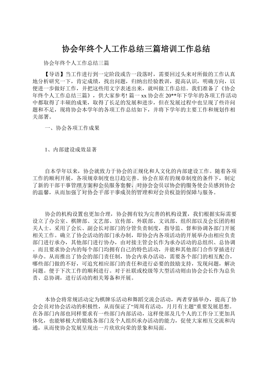 协会年终个人工作总结三篇培训工作总结Word文档格式.docx