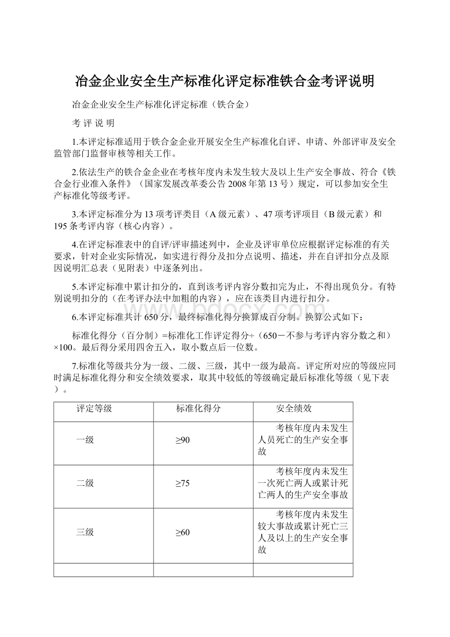 冶金企业安全生产标准化评定标准铁合金考评说明Word下载.docx