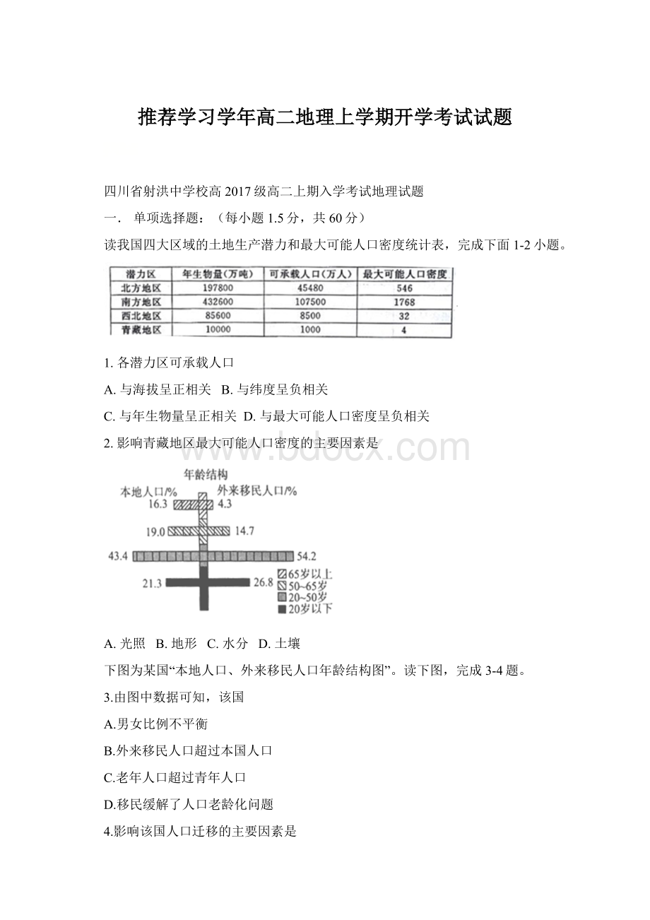 推荐学习学年高二地理上学期开学考试试题Word文件下载.docx