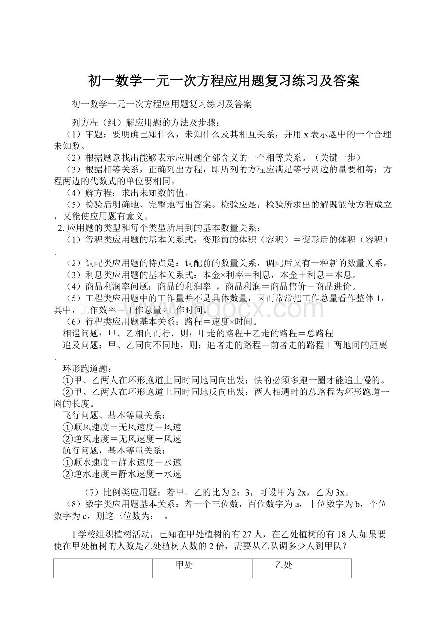 初一数学一元一次方程应用题复习练习及答案.docx