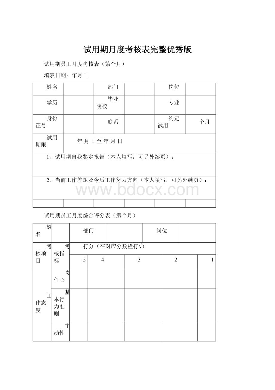 试用期月度考核表完整优秀版Word文档格式.docx_第1页