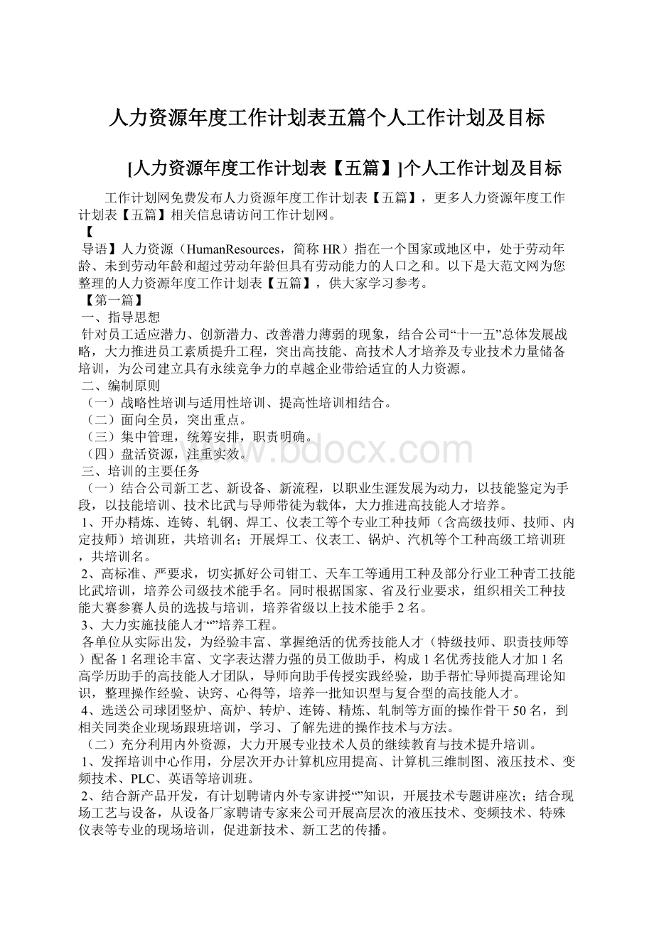 人力资源年度工作计划表五篇个人工作计划及目标.docx