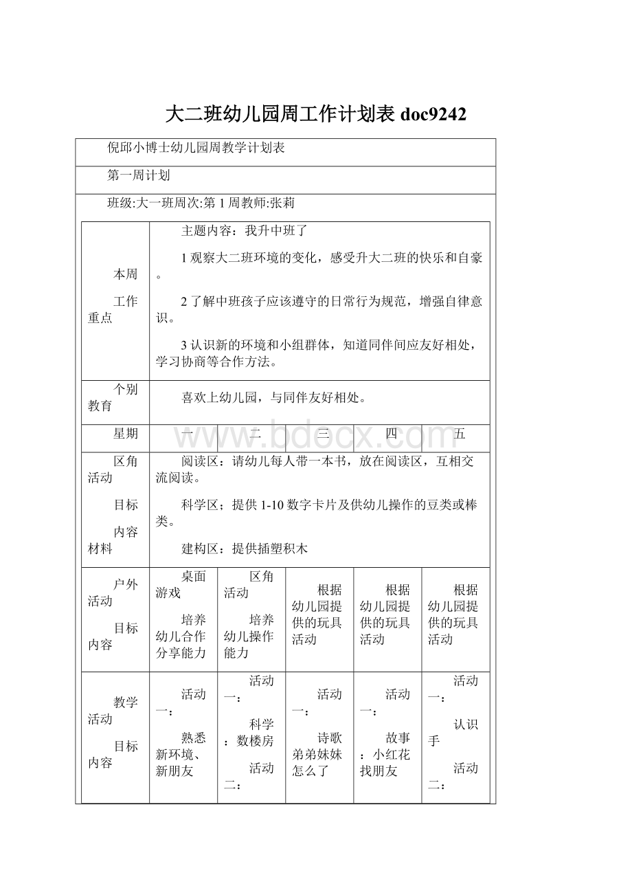 大二班幼儿园周工作计划表doc9242Word格式.docx