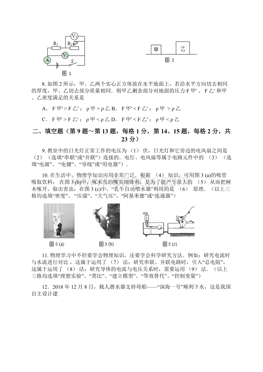 学年上海市崇明区九年级上学期期末考试一模物理试题.docx_第2页