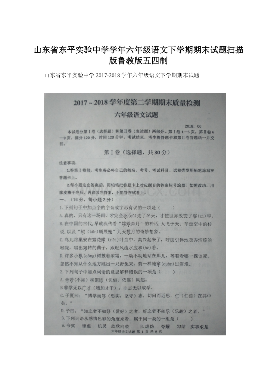 山东省东平实验中学学年六年级语文下学期期末试题扫描版鲁教版五四制Word格式.docx_第1页